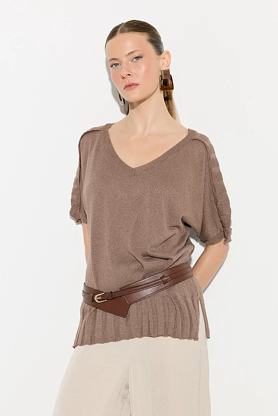 V-Neck Drop Sleeve Viscose Knit Blouse - Brown - Gusto