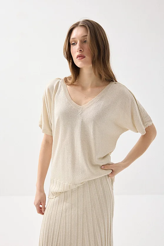 V-Neck Drop Sleeve Viscose Knit Blouse - Ecru - Gusto