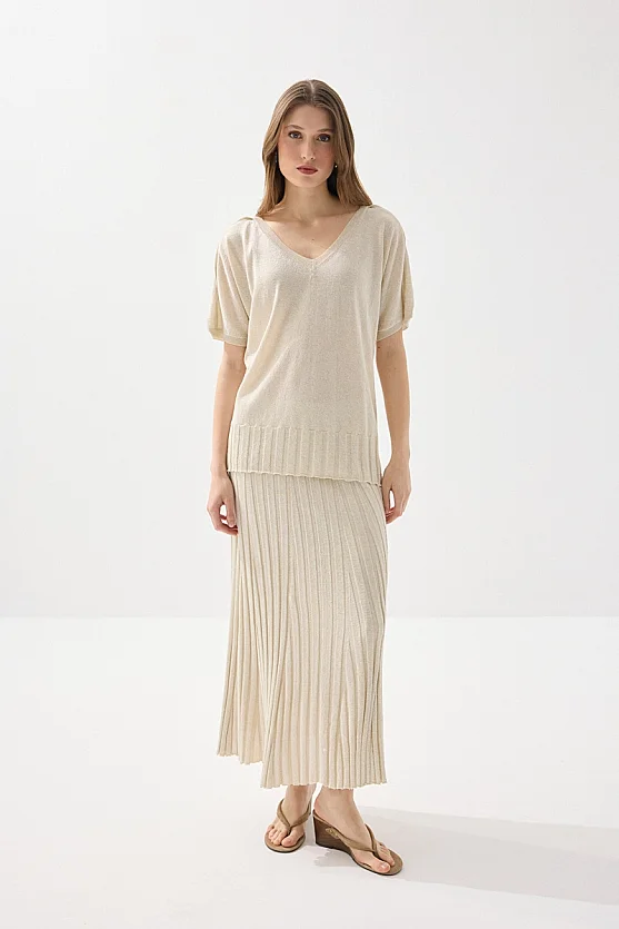 V-Neck Drop Sleeve Viscose Knit Blouse - Ecru - 2