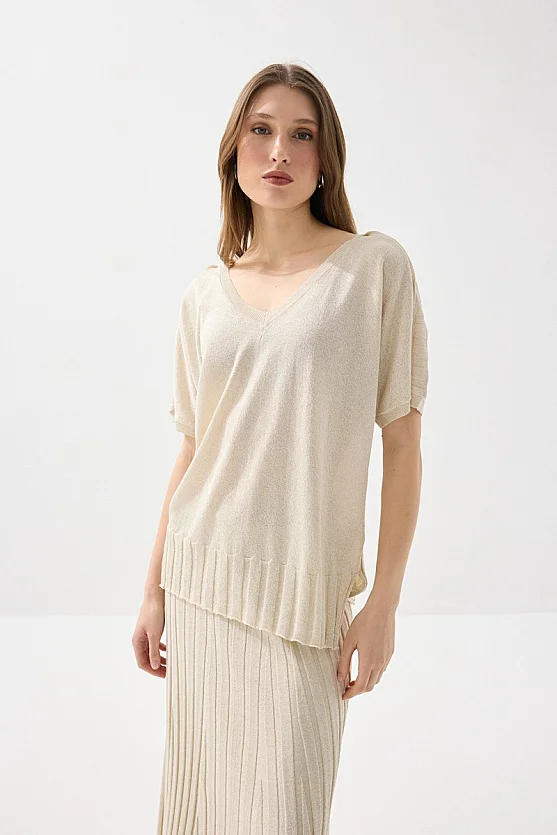 V-Neck Drop Sleeve Viscose Knit Blouse - Ecru - Gusto