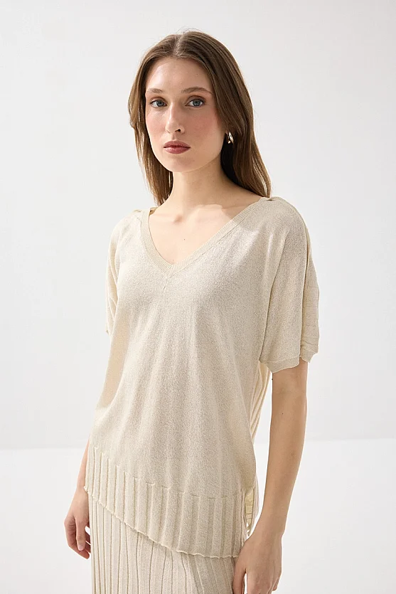 V-Neck Drop Sleeve Viscose Knit Blouse - Ecru - Gusto