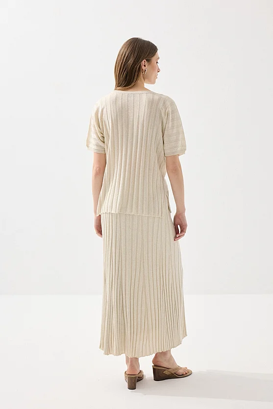 V-Neck Drop Sleeve Viscose Knit Blouse - Ecru - Gusto