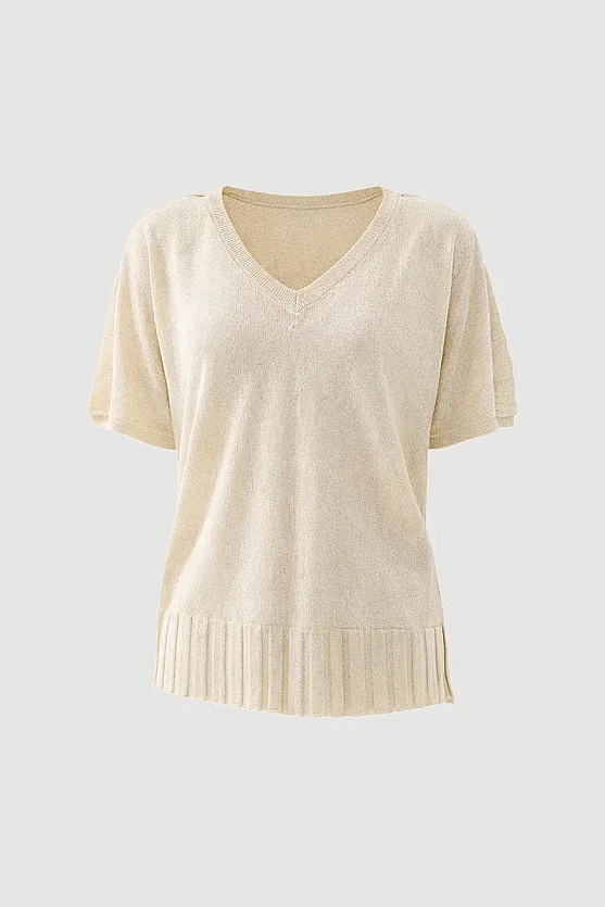V-Neck Drop Sleeve Viscose Knit Blouse - Ecru - Gusto