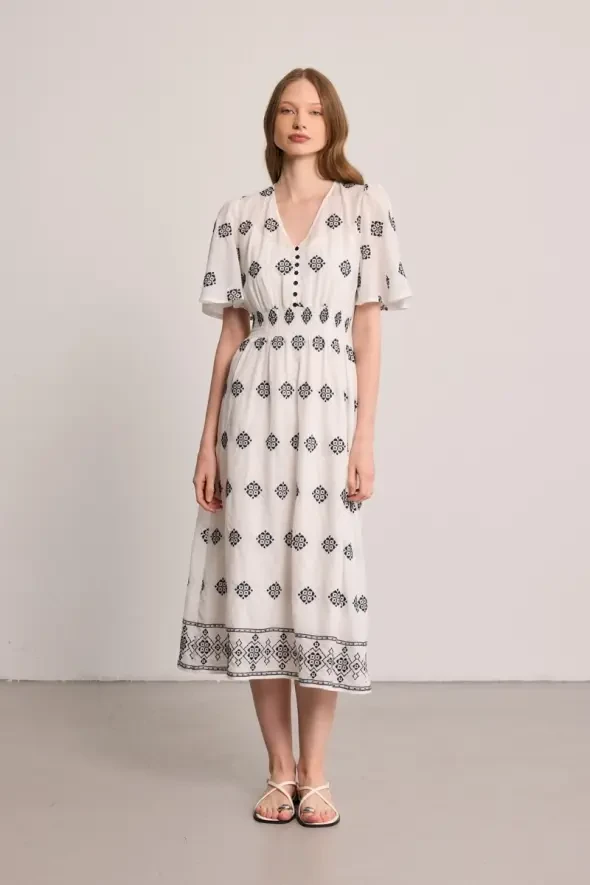 V-Neck Embroidered Cotton Long Dress - White - 1