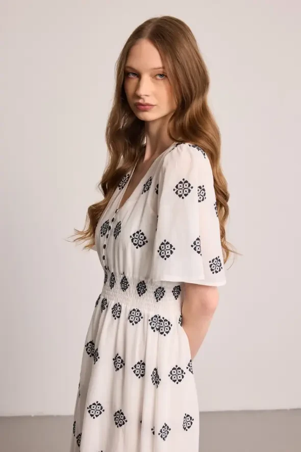 V-Neck Embroidered Cotton Long Dress - White - 2