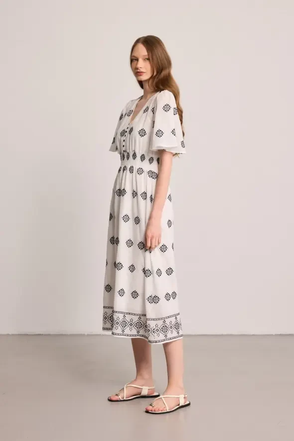 V-Neck Embroidered Cotton Long Dress - White - 3