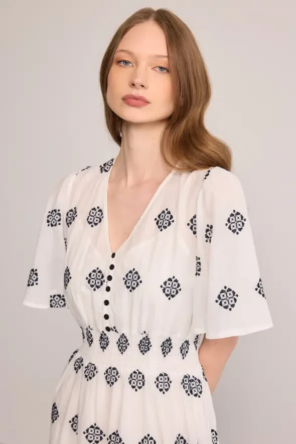 V-Neck Embroidered Cotton Long Dress - White - 4