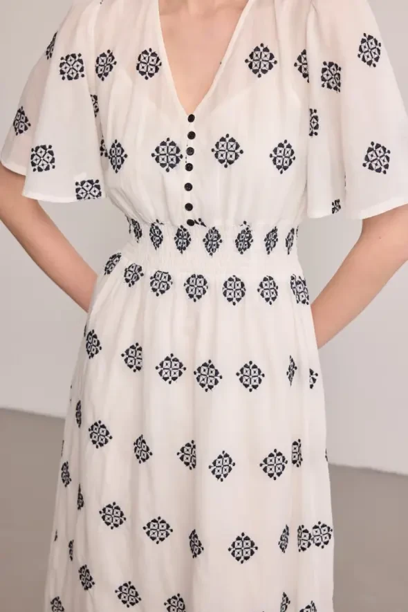 V-Neck Embroidered Cotton Long Dress - White - 5