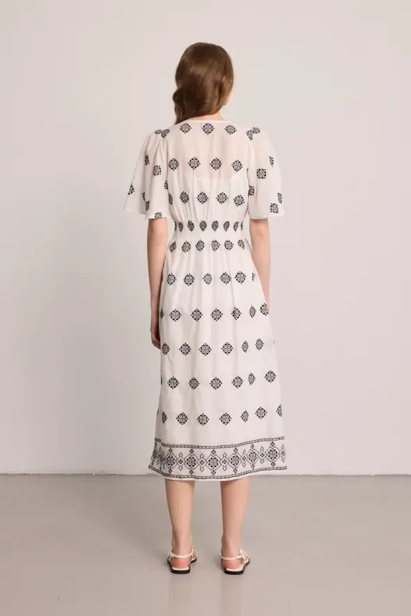 V-Neck Embroidered Cotton Long Dress - White - 6