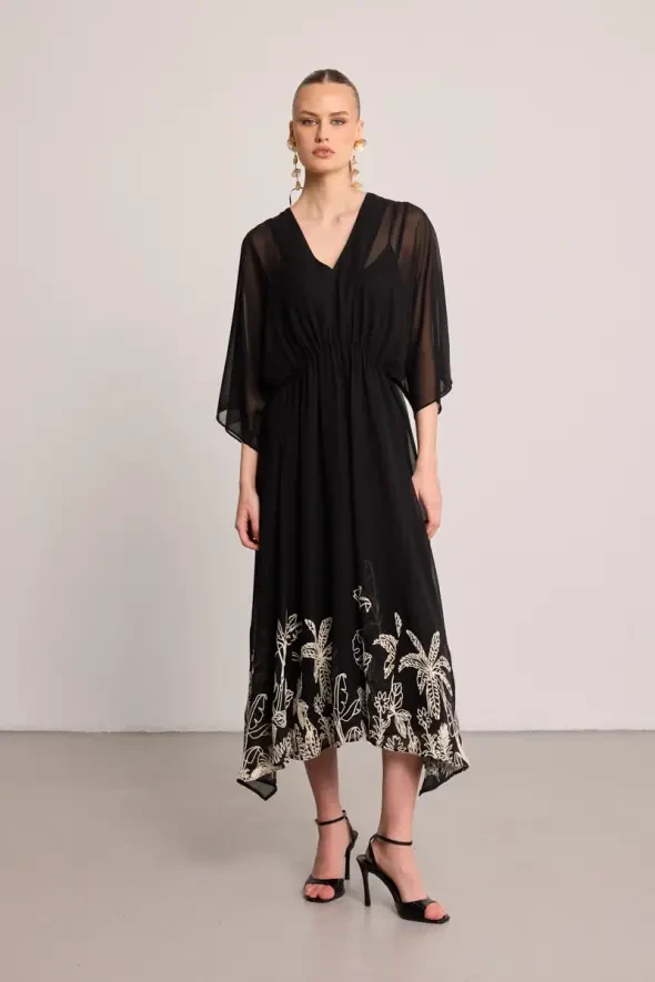 V-Neck Embroidered Hem Chiffon Dress - Black - Gusto