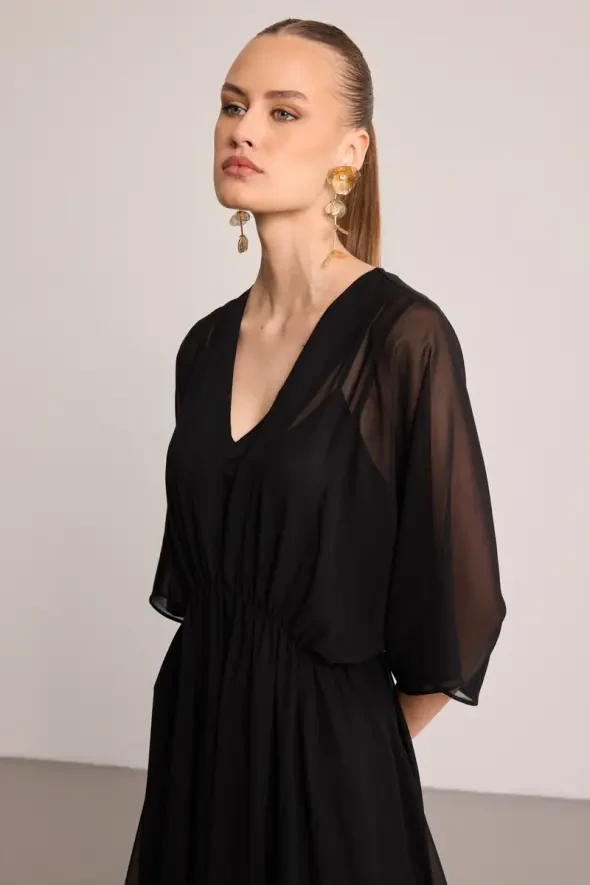 V-Neck Embroidered Hem Chiffon Dress - Black - 2