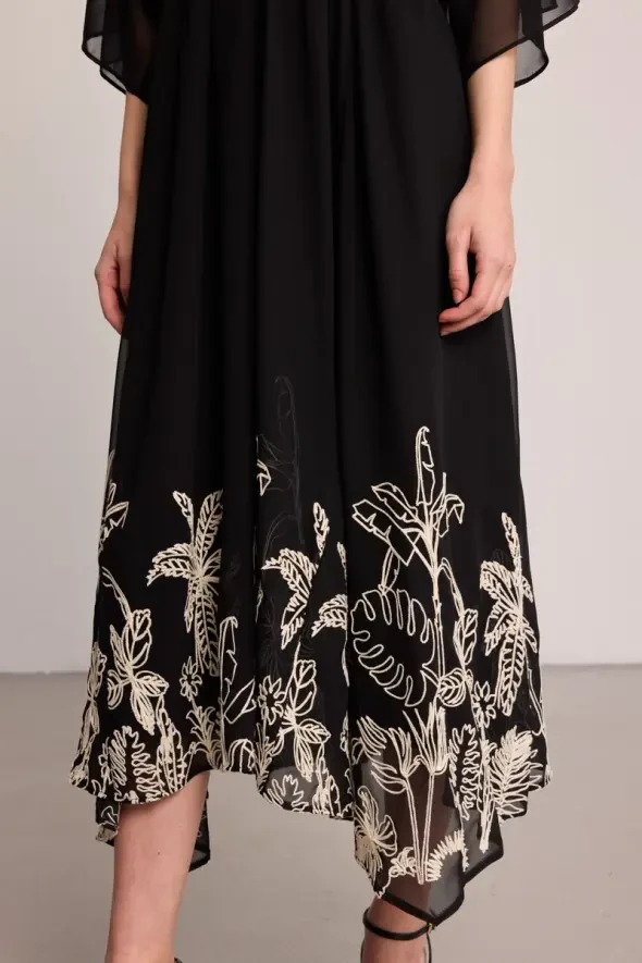 V-Neck Embroidered Hem Chiffon Dress - Black - Gusto