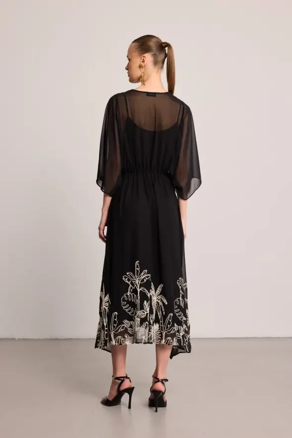V-Neck Embroidered Hem Chiffon Dress - Black - Gusto