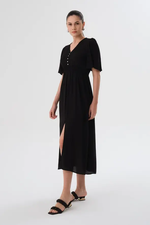 V Neck Fitted Long Dress - Black - 2