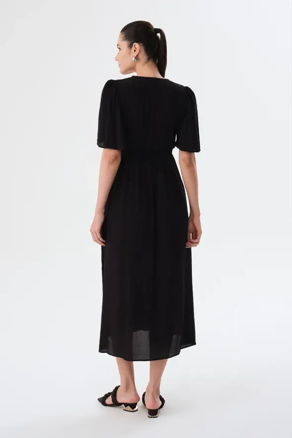 V Neck Fitted Long Dress - Black - 4