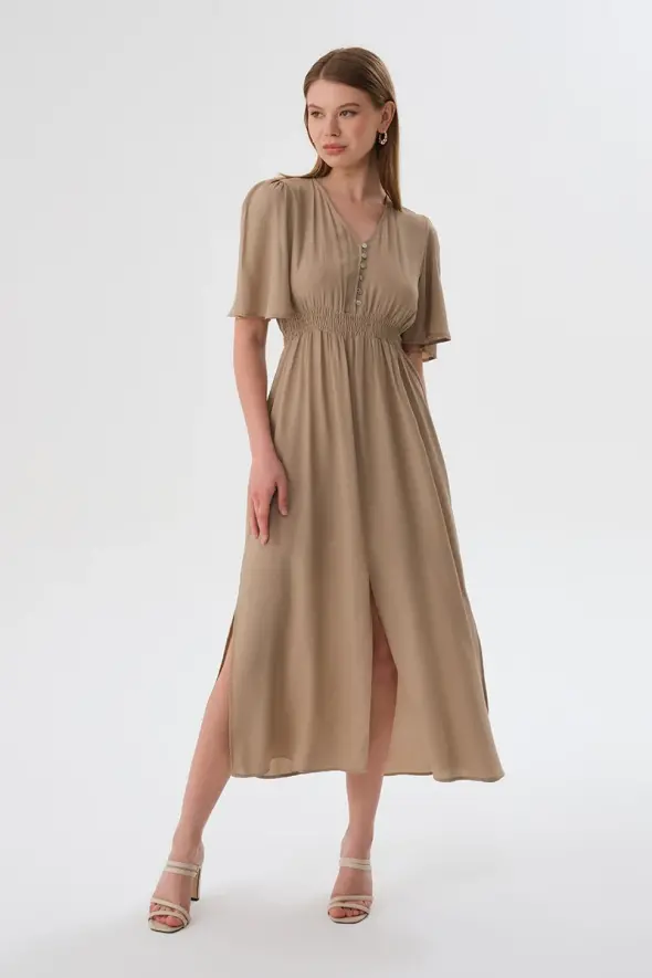 V Neck Fitted Long Dress - Mink - 3