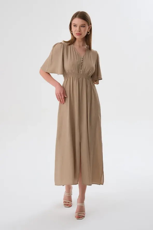 V Neck Fitted Long Dress - Mink - 4