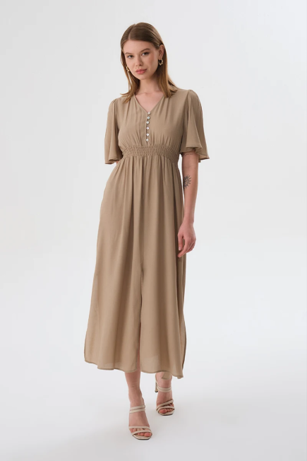 V Neck Fitted Long Dress - Mink Mink