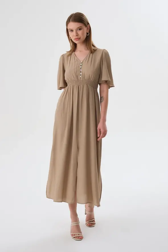 V Neck Fitted Long Dress - Mink - 1