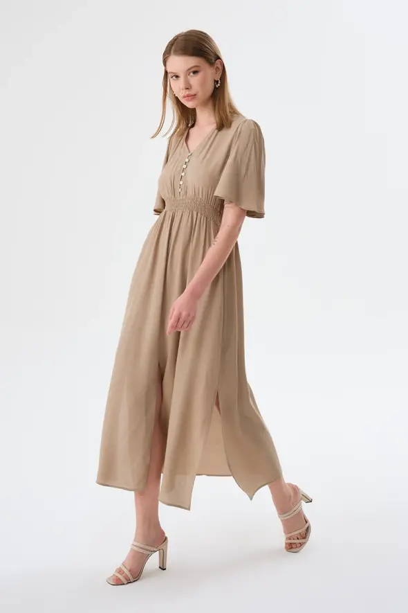 V Neck Fitted Long Dress - Mink - 2