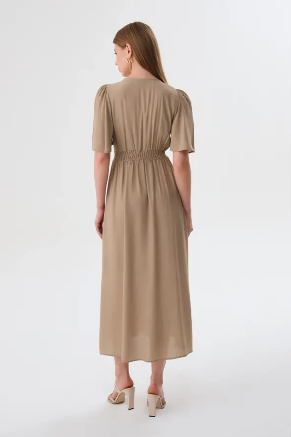 V Neck Fitted Long Dress - Mink - 7