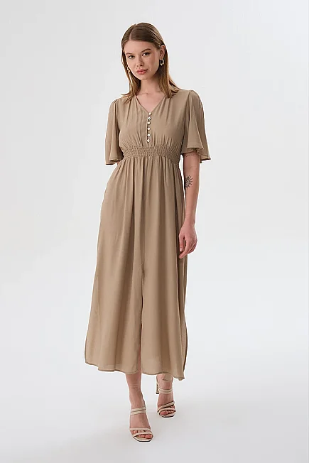 V-Neck Fitted Maxi Dress - Mink - Gusto