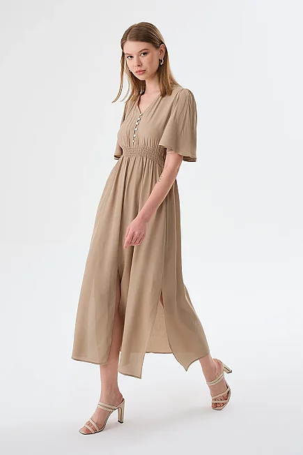 V-Neck Fitted Maxi Dress - Mink - Gusto
