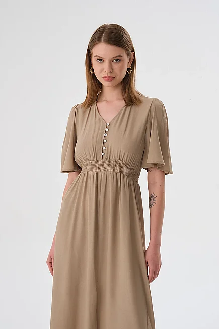 V-Neck Fitted Maxi Dress - Mink - Gusto