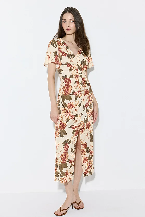 V-Neck Floral Print Satin Evening Dress - Beige - Gusto