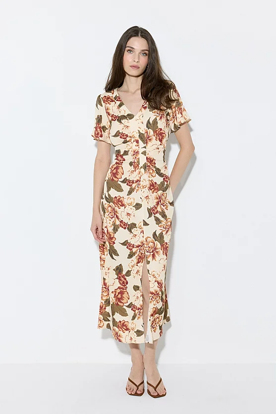 V-Neck Floral Print Satin Evening Dress - Beige - Gusto