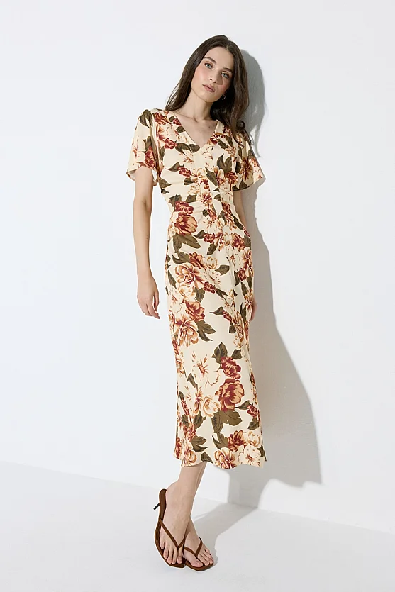 V-Neck Floral Print Satin Evening Dress - Beige - Gusto