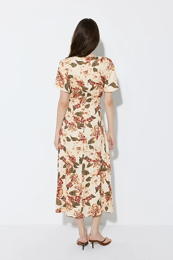 V-Neck Floral Print Satin Evening Dress - Beige - Gusto