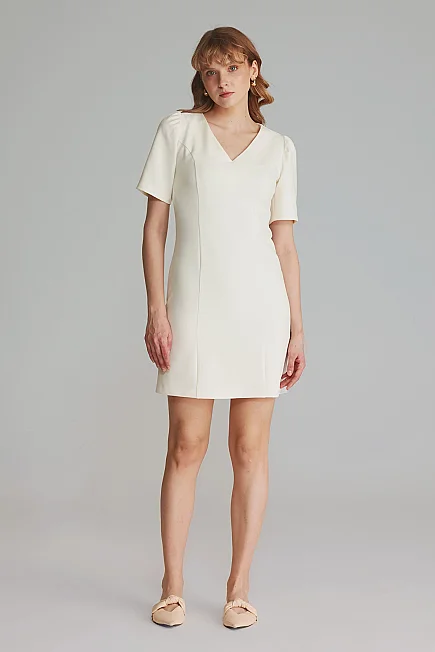 V-Neck Gathered Sleeve Dress - Ecru - Gusto