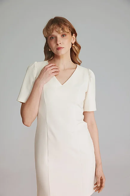 V-Neck Gathered Sleeve Dress - Ecru - Gusto