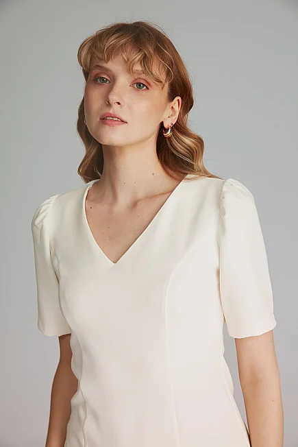 V-Neck Gathered Sleeve Dress - Ecru - Gusto