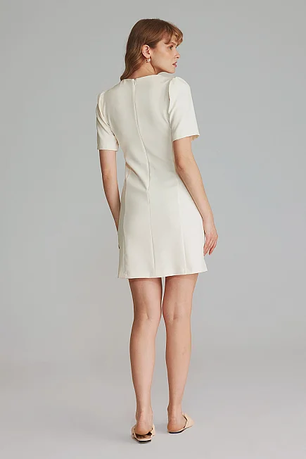 V-Neck Gathered Sleeve Dress - Ecru - Gusto