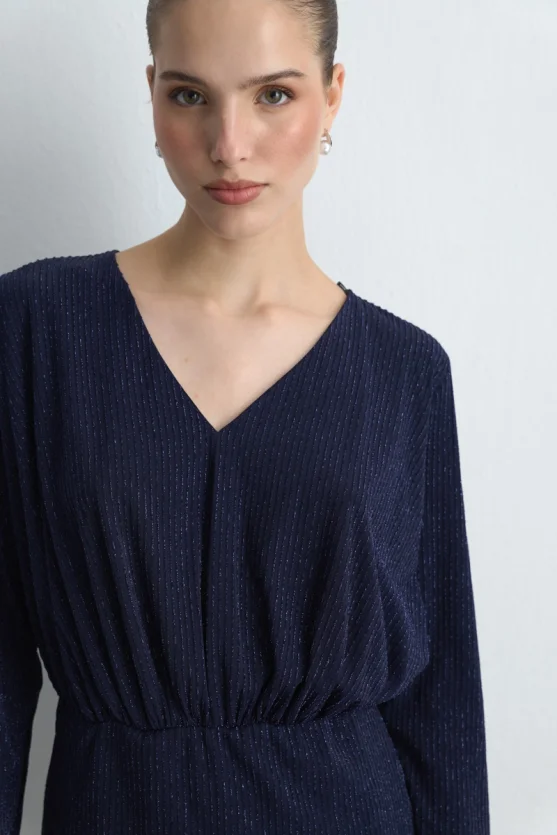 V-Neck Glitter Evening Dress - Navy Blue - Gusto