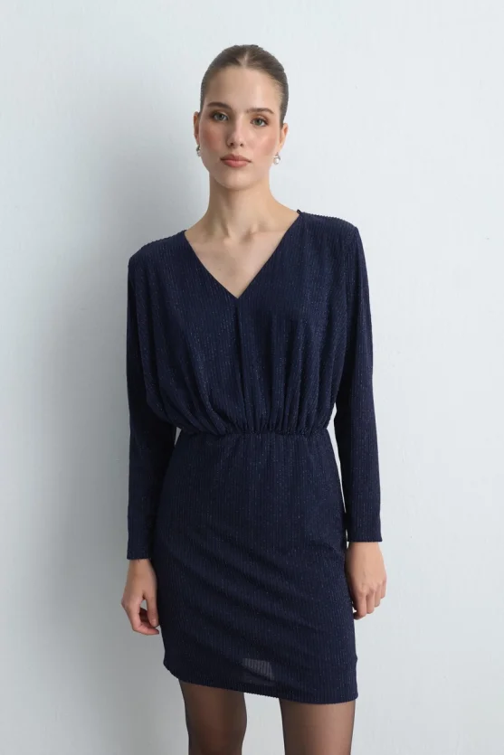 V-Neck Glitter Evening Dress - Navy Blue - Gusto