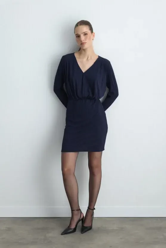 V-Neck Glitter Evening Dress - Navy Blue - 2