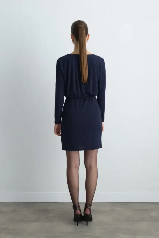 V-Neck Glitter Evening Dress - Navy Blue - Gusto