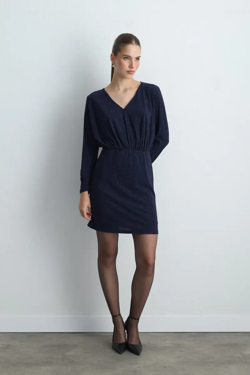 V-Neck Glitter Evening Dress - Navy Blue - Gusto