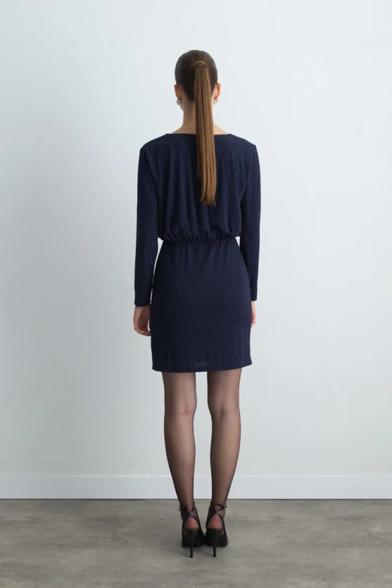 V Neck Glitter Evening Dress Navy Blue - Gusto