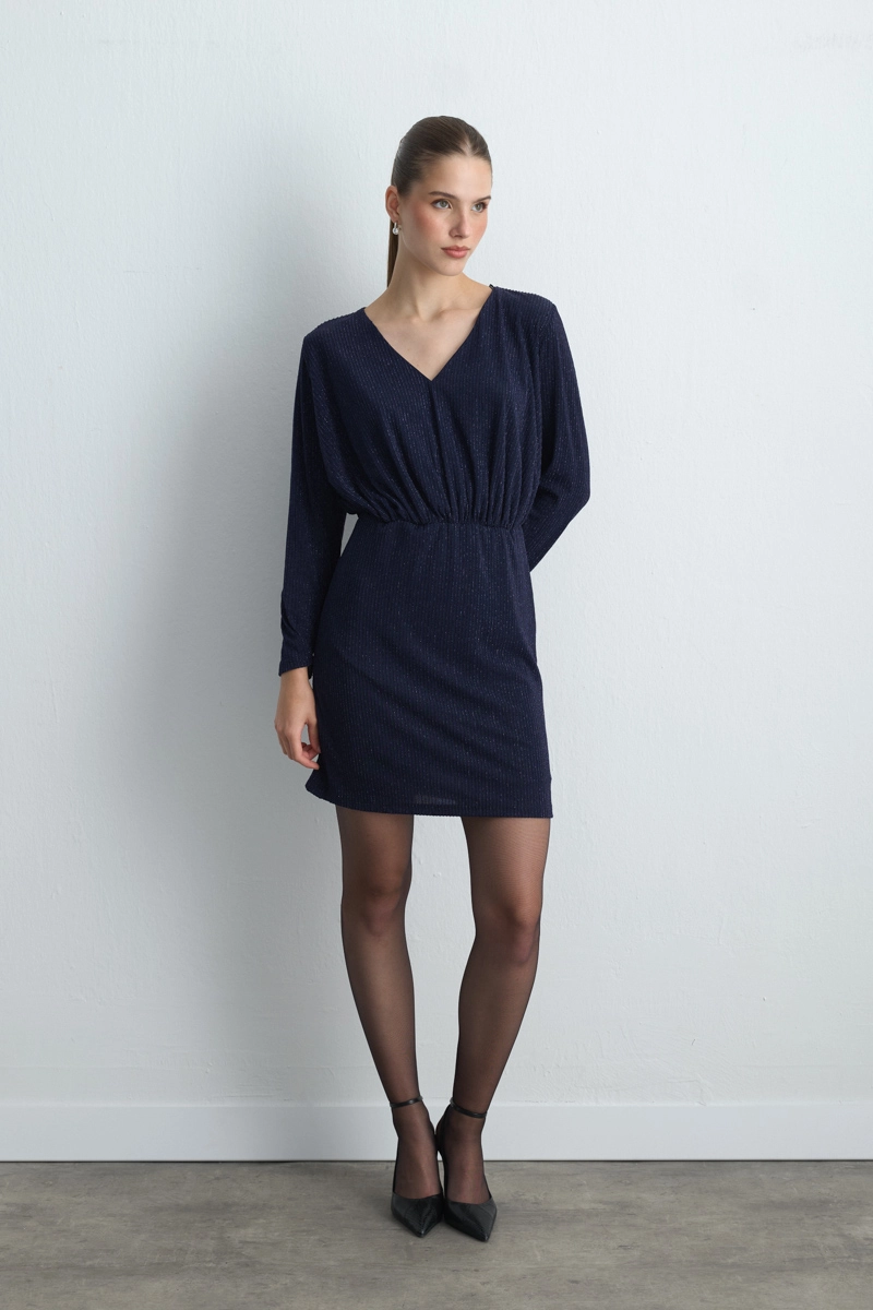 V Neck Glitter Evening Dress Navy Blue - Gusto