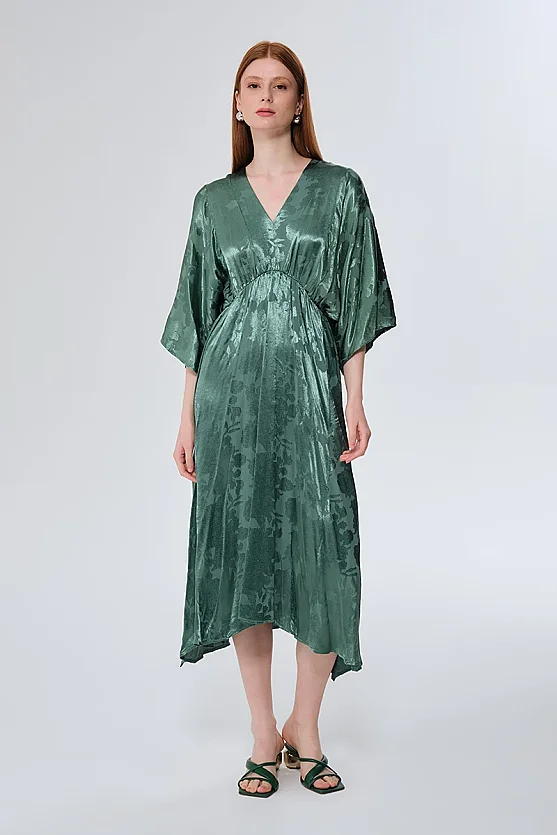 V-Neck Jacquard Dress - Green - Gusto