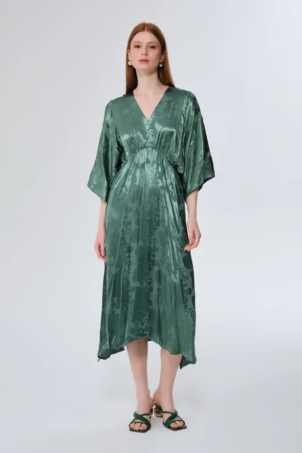 V-Neck Jacquard Dress - Green - 1