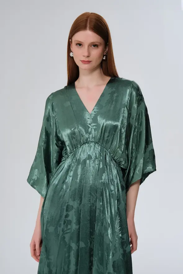 V-Neck Jacquard Dress - Green - 2