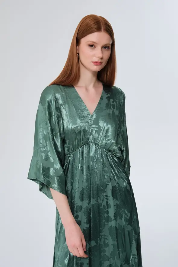 V-Neck Jacquard Dress - Green - 4