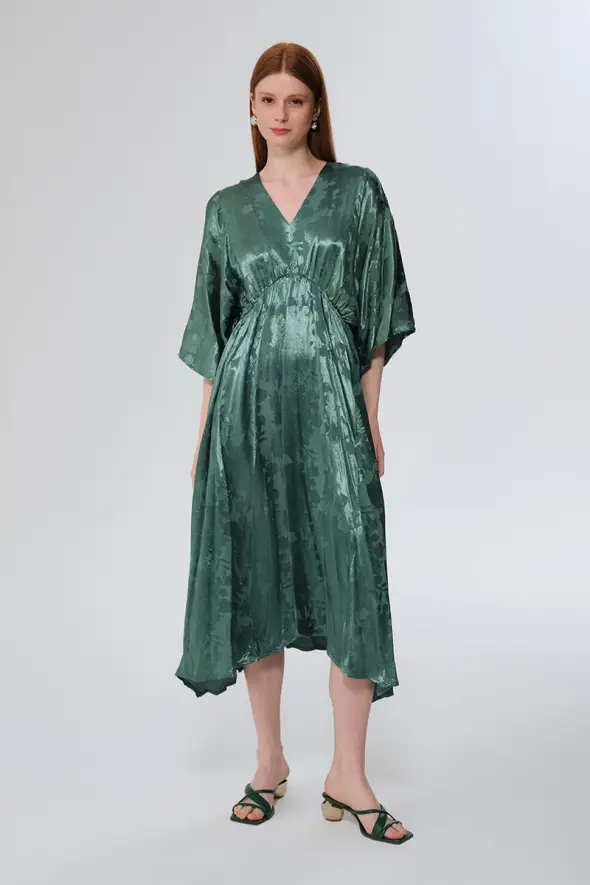 V-Neck Jacquard Dress - Green - 3