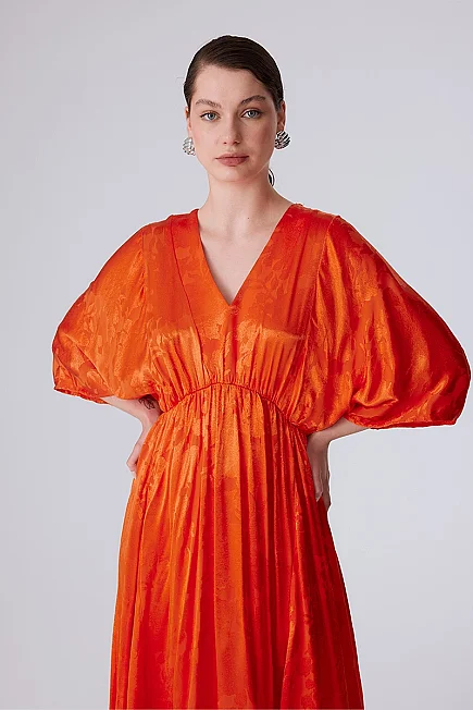 V-Neck Jacquard Dress - Orange - Gusto