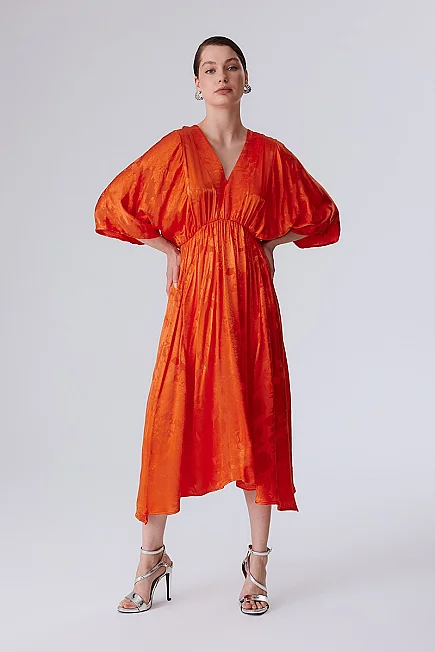 V-Neck Jacquard Dress - Orange - Gusto